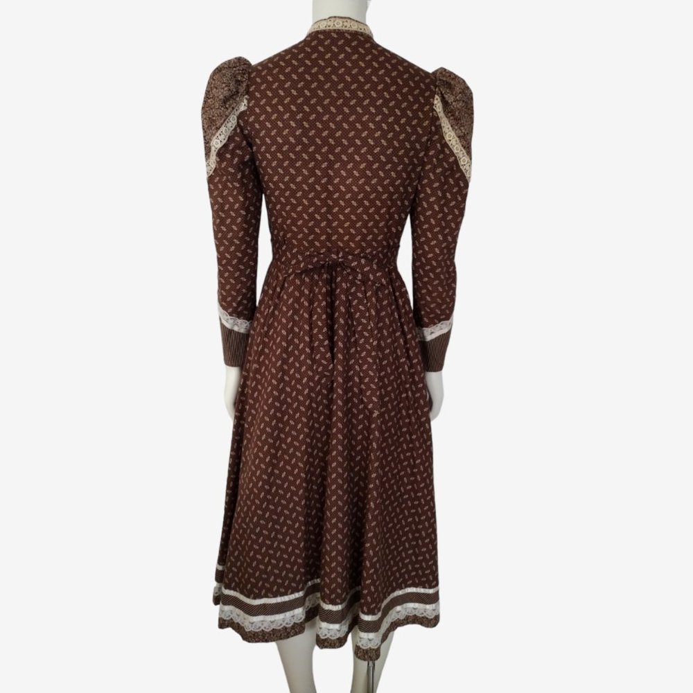 Vintage 70s Gunne Sax Brown Calico Puff Shoulder Button Down Prairie Dress - Picture 5 of 13